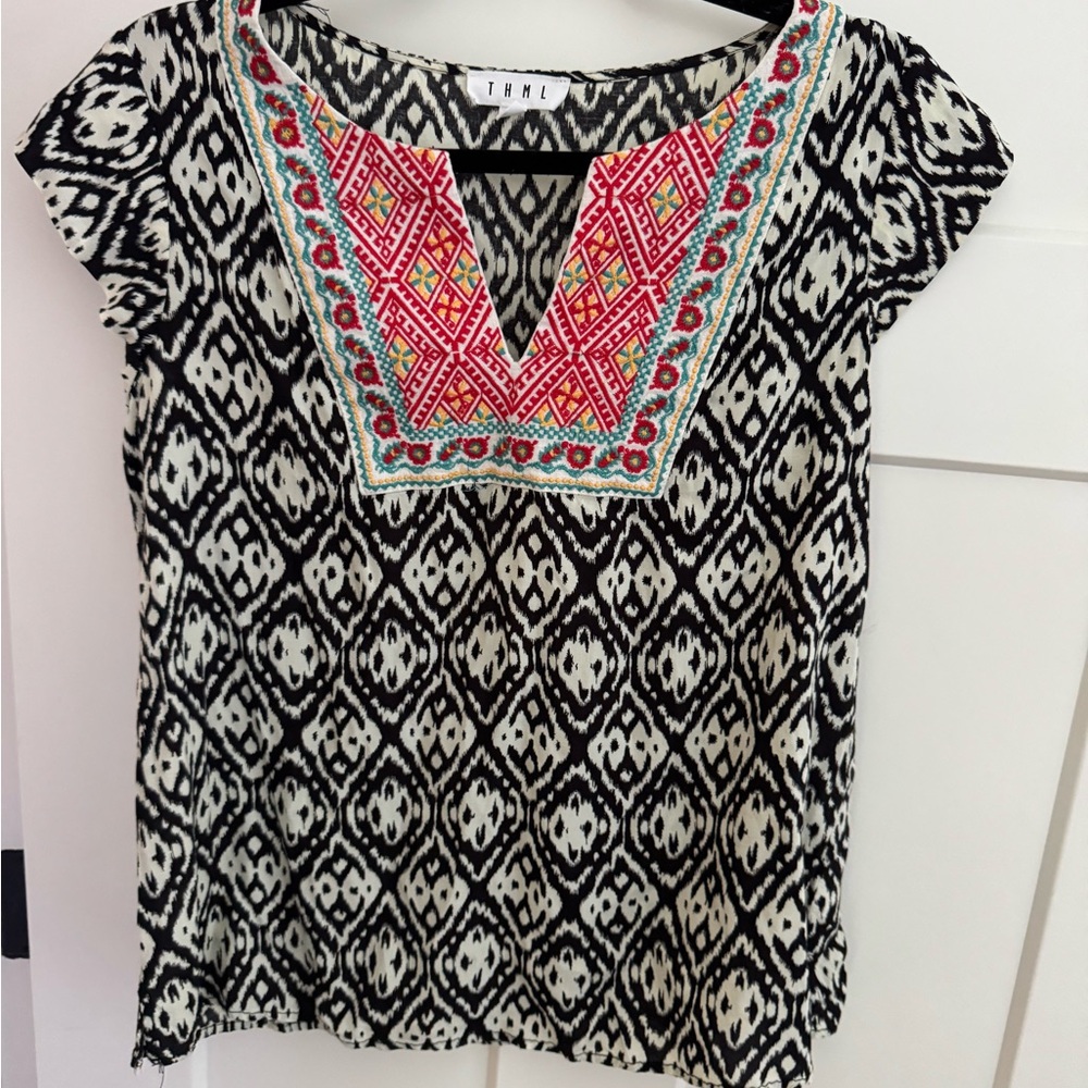 THML Black and White Ikat Blouse with Pink Embroidered Yoke